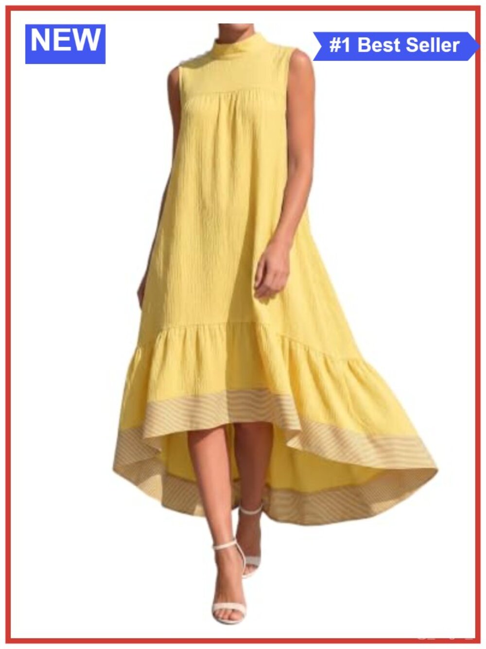 Sleeveless Mock Neck High Low Hem Flowy A-Line Midi Dress with Pockets